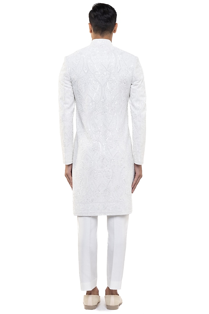 White Silk Embroidered Groom Sherwani Set by SDS by KUSHAL SHAH at Pernia's Pop Up Shop