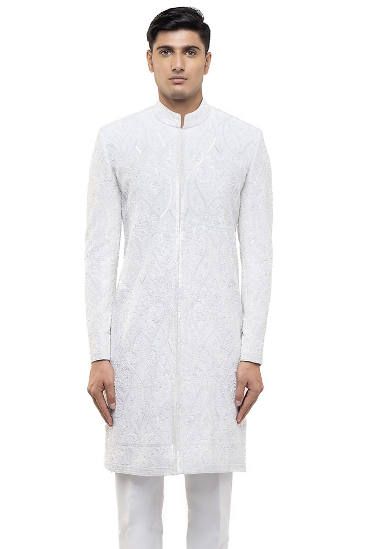 White Silk Embroidered Groom Sherwani Set by SDS by KUSHAL SHAH at Pernia's Pop Up Shop