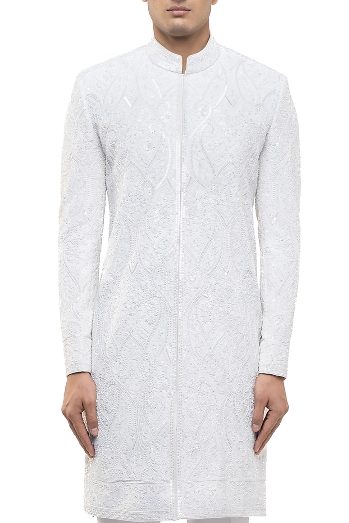 White Silk Embroidered Groom Sherwani Set by SDS by KUSHAL SHAH at Pernia's Pop Up Shop