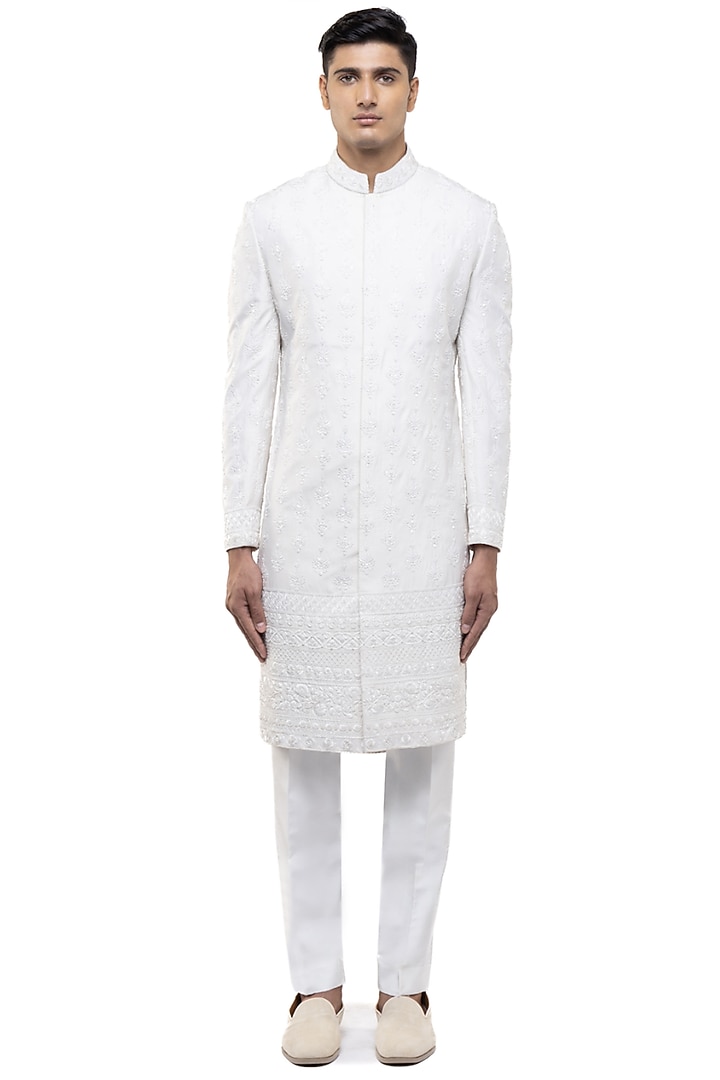 Ivory Silk Embroidered Groom Sherwani Set by SDS by KUSHAL SHAH at Pernia's Pop Up Shop