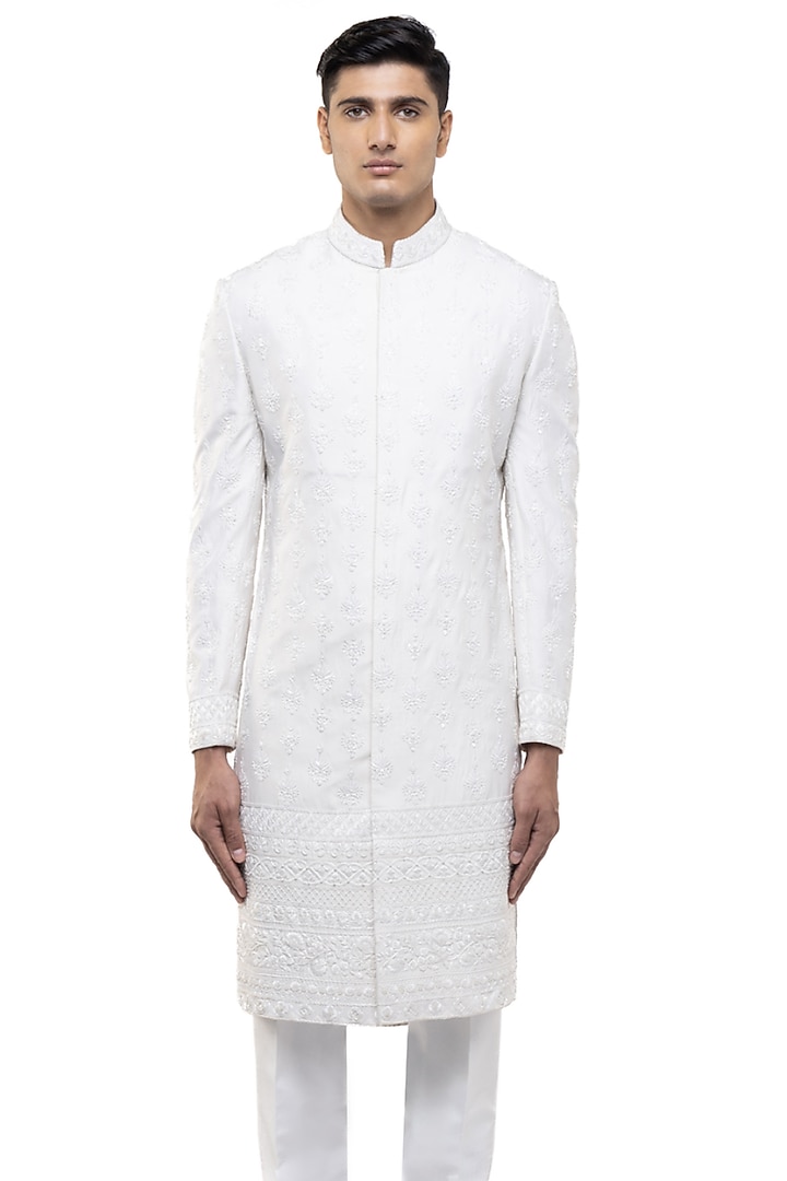 Ivory Silk Embroidered Groom Sherwani Set by SDS by KUSHAL SHAH at Pernia's Pop Up Shop