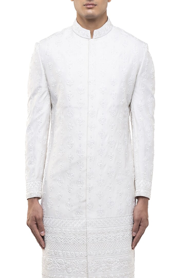 Ivory Silk Embroidered Groom Sherwani Set by SDS by KUSHAL SHAH at Pernia's Pop Up Shop