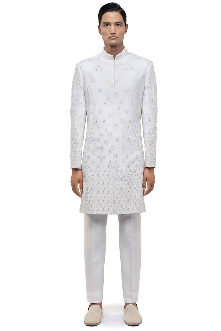 White Silk Embroidered Groom Sherwani Set by SDS by KUSHAL SHAH at Pernia's Pop Up Shop