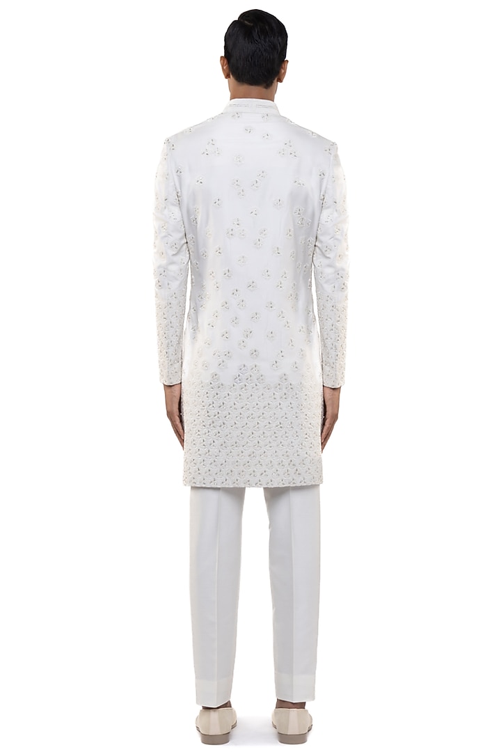 White Silk Embroidered Groom Sherwani Set by SDS by KUSHAL SHAH at Pernia's Pop Up Shop