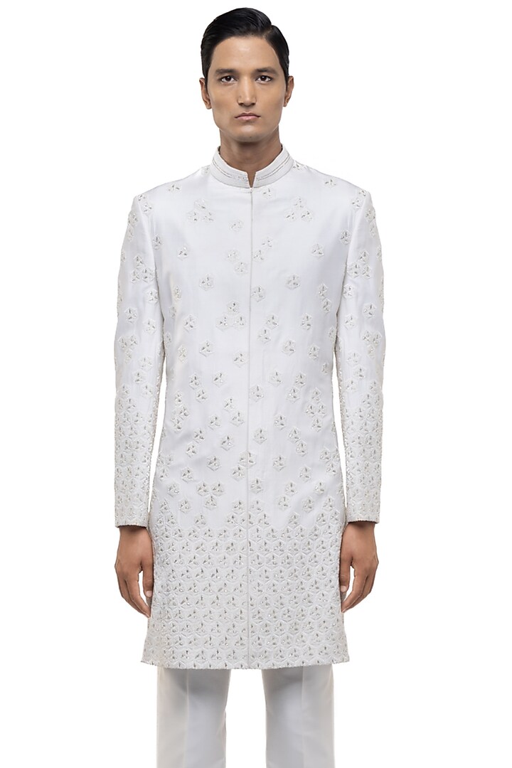 White Silk Embroidered Groom Sherwani Set by SDS by KUSHAL SHAH at Pernia's Pop Up Shop