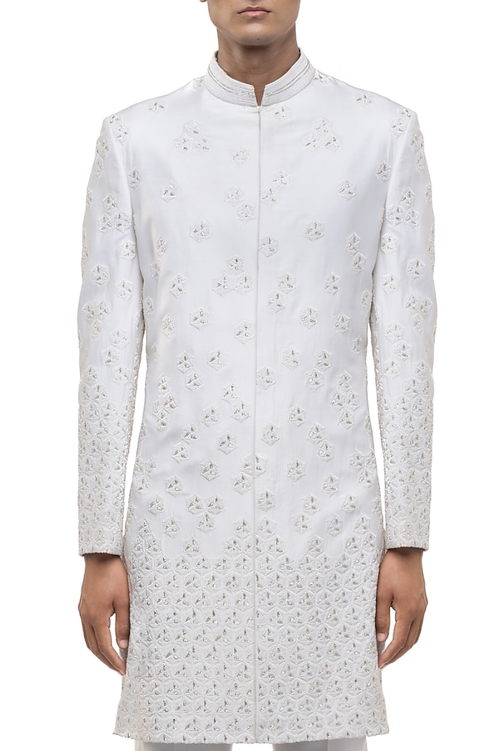 White Silk Embroidered Groom Sherwani Set by SDS by KUSHAL SHAH at Pernia's Pop Up Shop