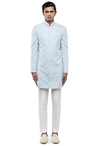Ice Blue Silk Embroidered Sherwani Set by SDS by KUSHAL SHAH