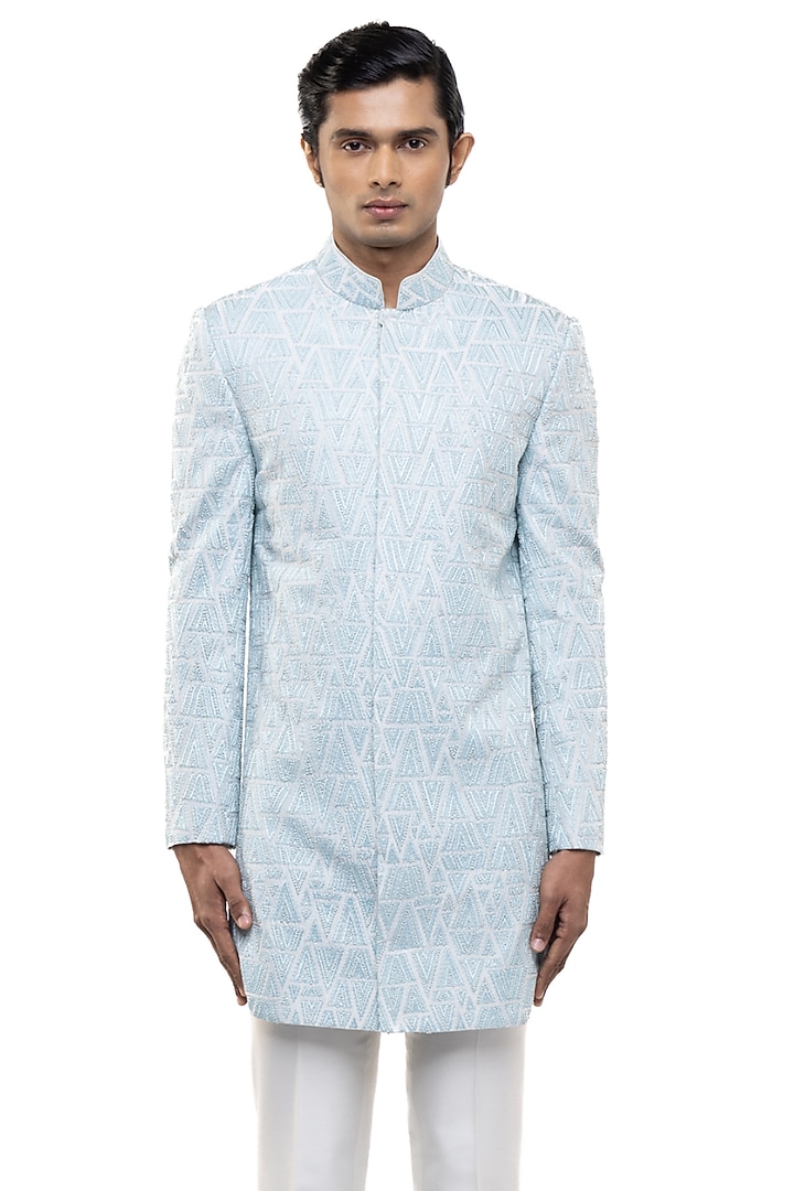 Ice Blue Silk Embroidered Groom Sherwani Set by SDS by KUSHAL SHAH at Pernia's Pop Up Shop
