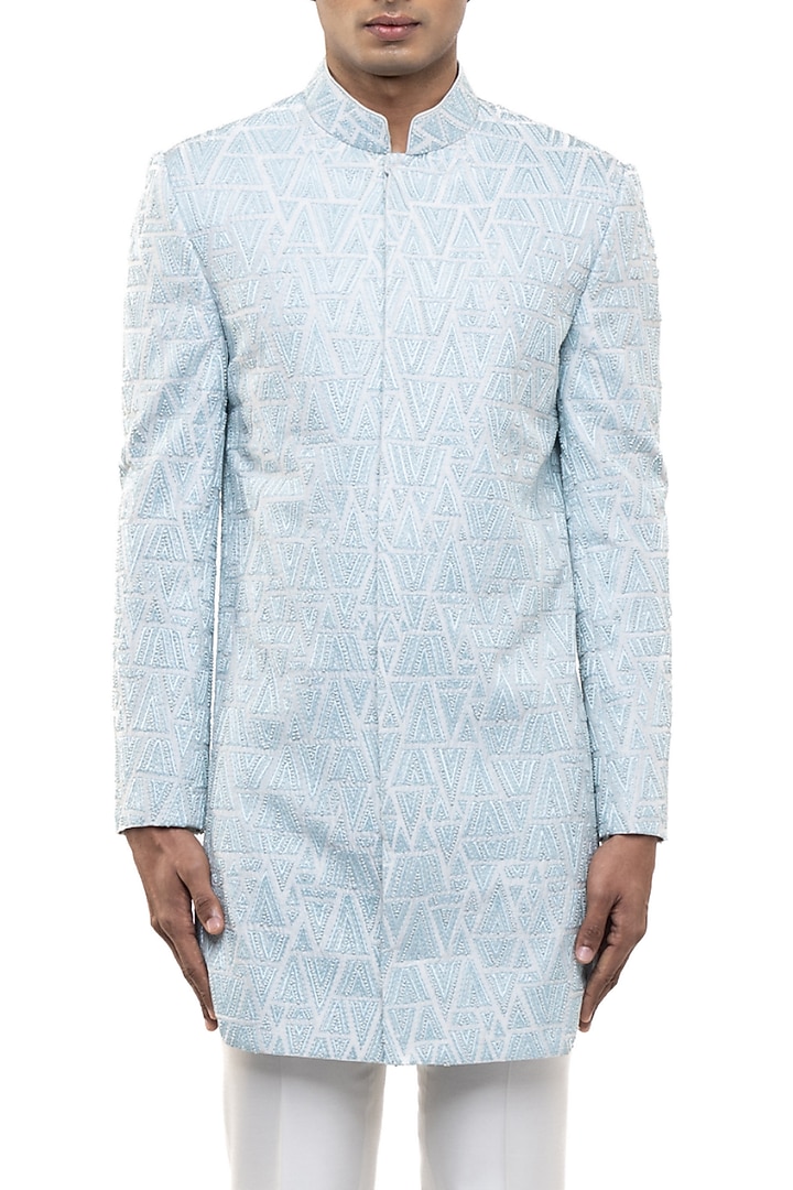 Ice Blue Silk Embroidered Groom Sherwani Set by SDS by KUSHAL SHAH at Pernia's Pop Up Shop