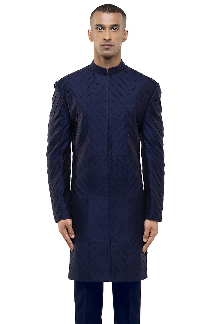 Navy Blue Silk Groom Sherwani Set by SDS by KUSHAL SHAH at Pernia's Pop Up Shop