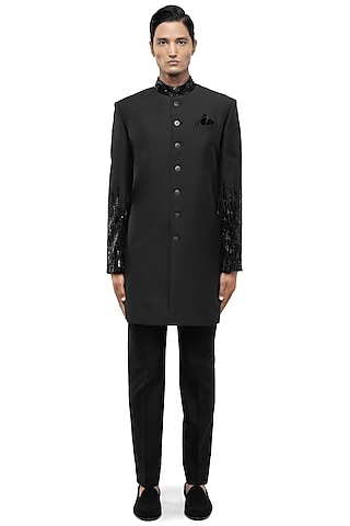 Dark Green Suiting Embroidered Sherwani Set by SDS by KUSHAL SHAH