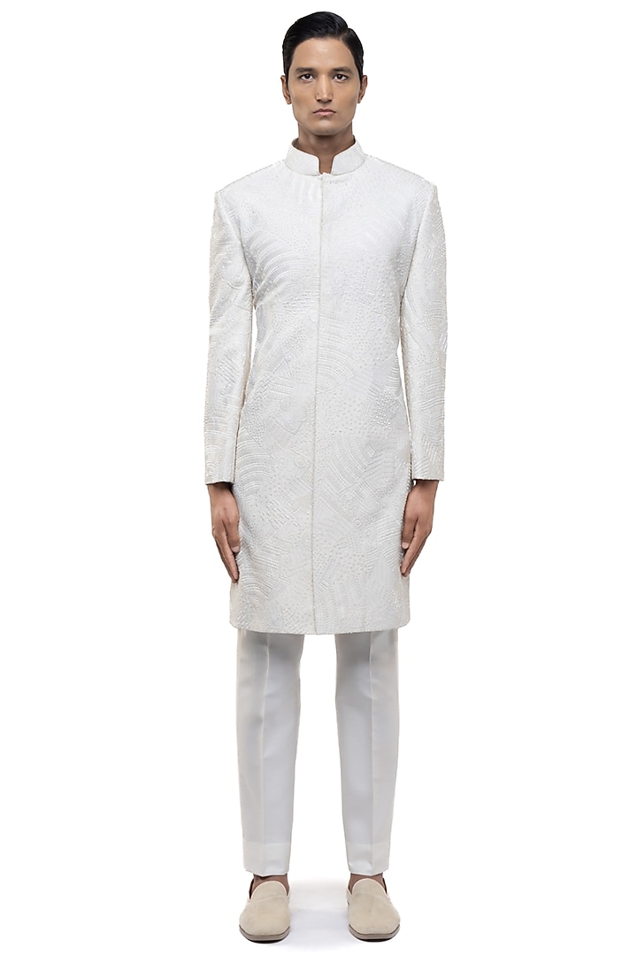 White Silk Embroidered Groom Sherwani Set by SDS by KUSHAL SHAH at Pernia's Pop Up Shop