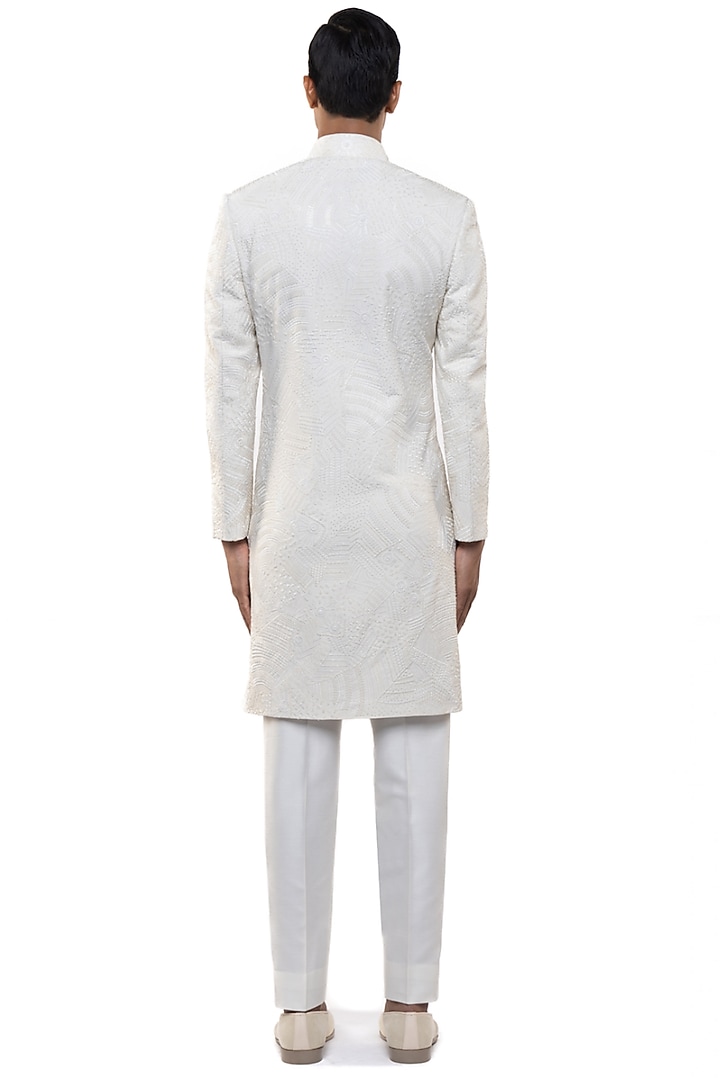 White Silk Embroidered Groom Sherwani Set by SDS by KUSHAL SHAH at Pernia's Pop Up Shop