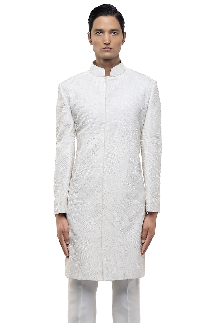 White Silk Embroidered Groom Sherwani Set by SDS by KUSHAL SHAH at Pernia's Pop Up Shop