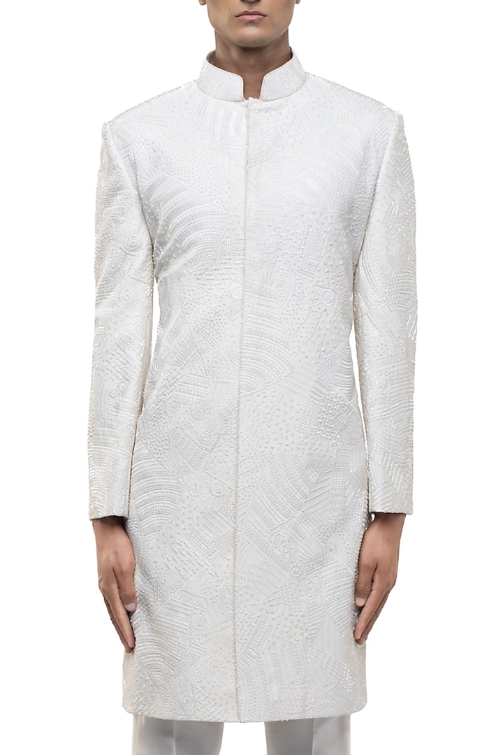 White Silk Embroidered Groom Sherwani Set by SDS by KUSHAL SHAH at Pernia's Pop Up Shop