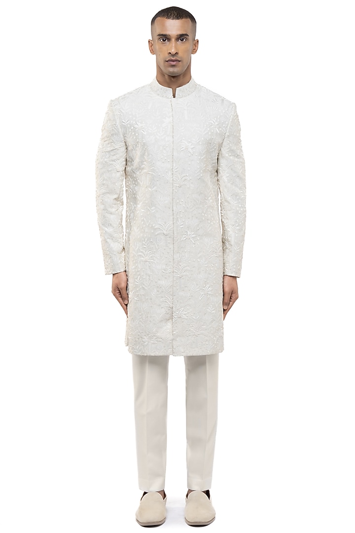 Ivory Silk Embroidered Groom Sherwani Set by SDS by KUSHAL SHAH at Pernia's Pop Up Shop