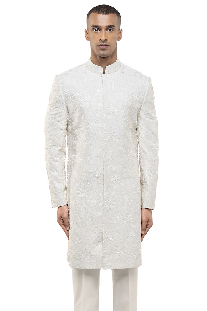 Ivory Silk Embroidered Groom Sherwani Set by SDS by KUSHAL SHAH at Pernia's Pop Up Shop