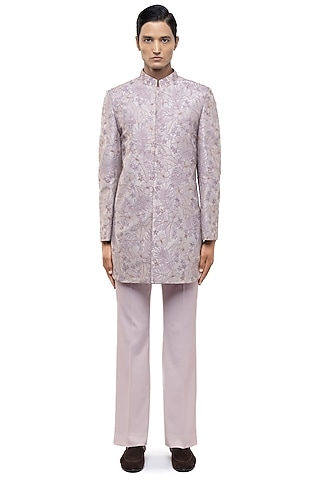 Purple Silk Embroidered Sherwani Set by SDS by KUSHAL SHAH