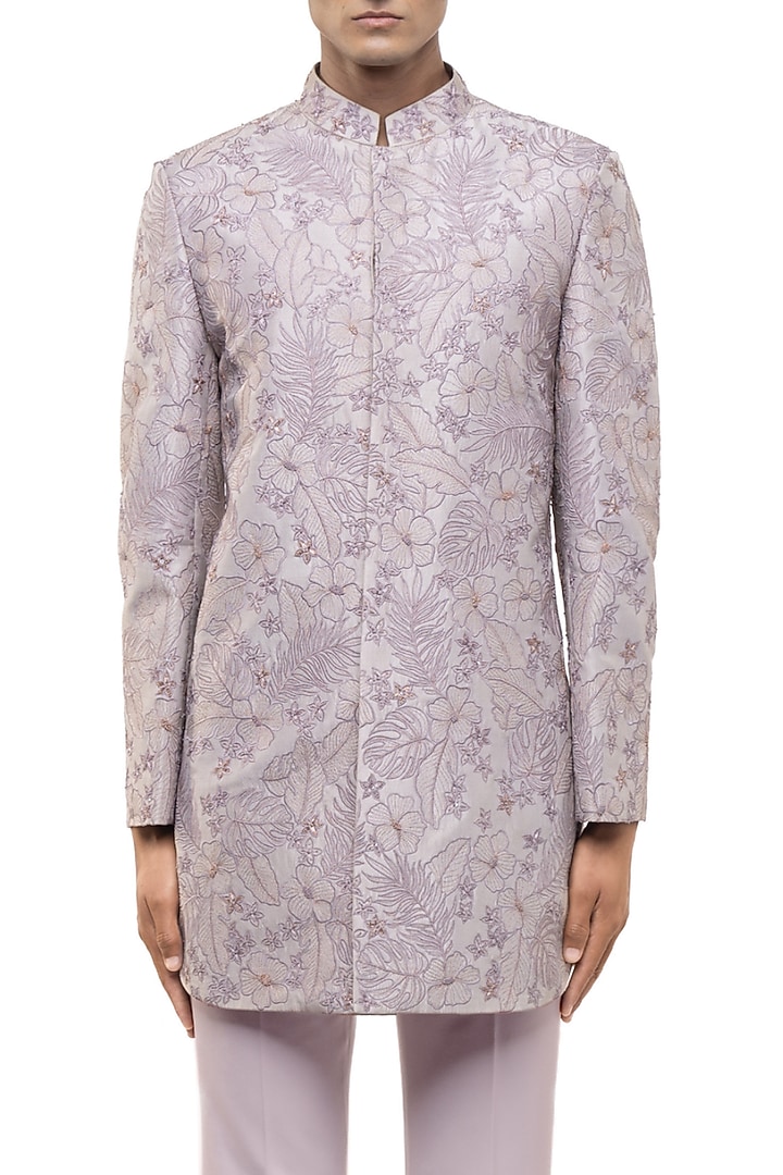 Purple Silk Embroidered Groom Sherwani Set by SDS by KUSHAL SHAH at Pernia's Pop Up Shop