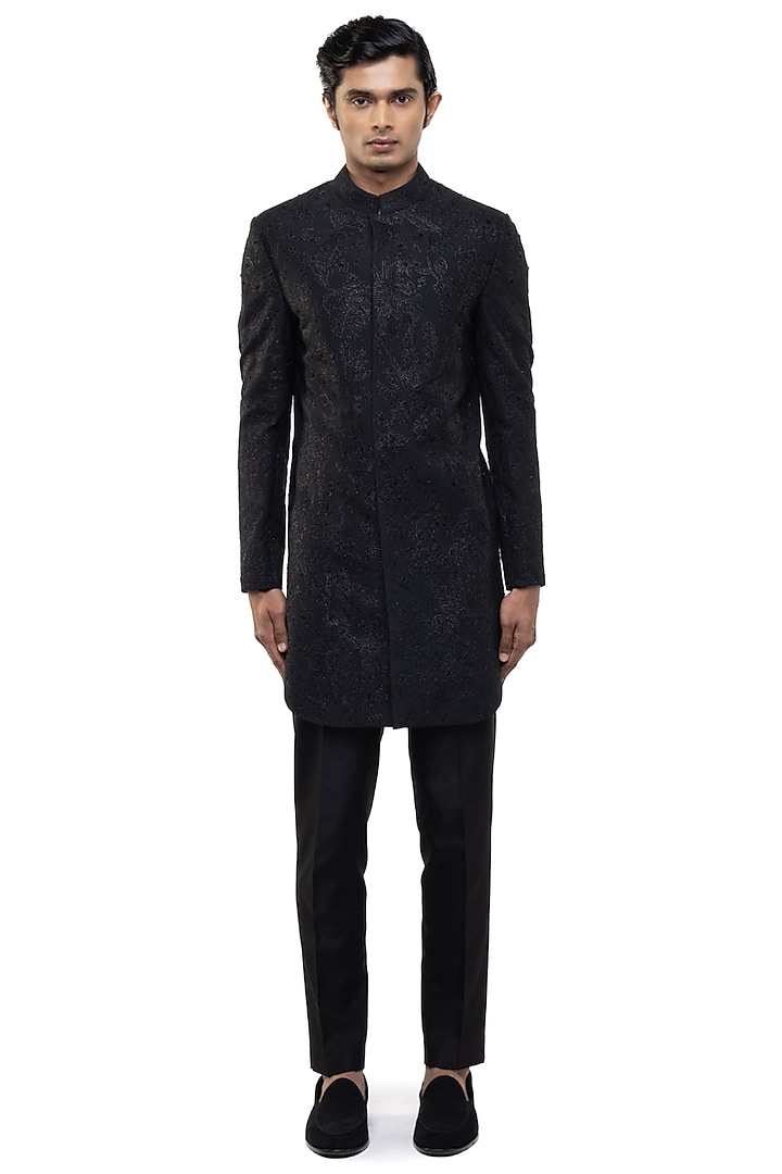 Black Silk Embroidered Groom Sherwani Set by SDS by KUSHAL SHAH at Pernia's Pop Up Shop