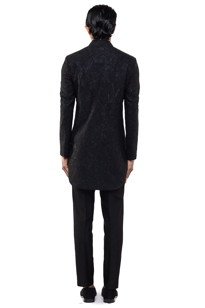 Black Silk Embroidered Groom Sherwani Set by SDS by KUSHAL SHAH at Pernia's Pop Up Shop