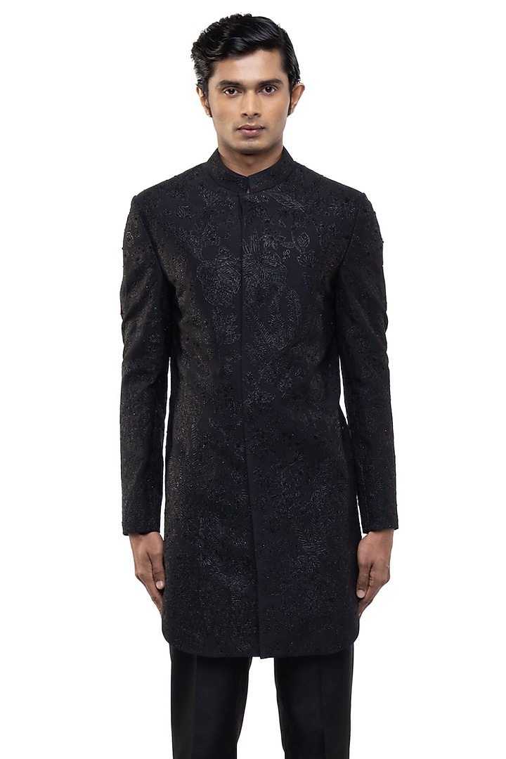 Black Silk Embroidered Groom Sherwani Set by SDS by KUSHAL SHAH at Pernia's Pop Up Shop