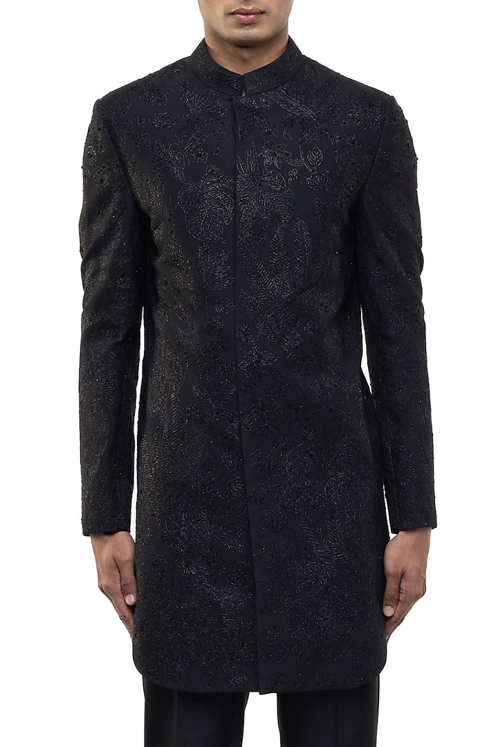 Black Silk Embroidered Groom Sherwani Set by SDS by KUSHAL SHAH at Pernia's Pop Up Shop