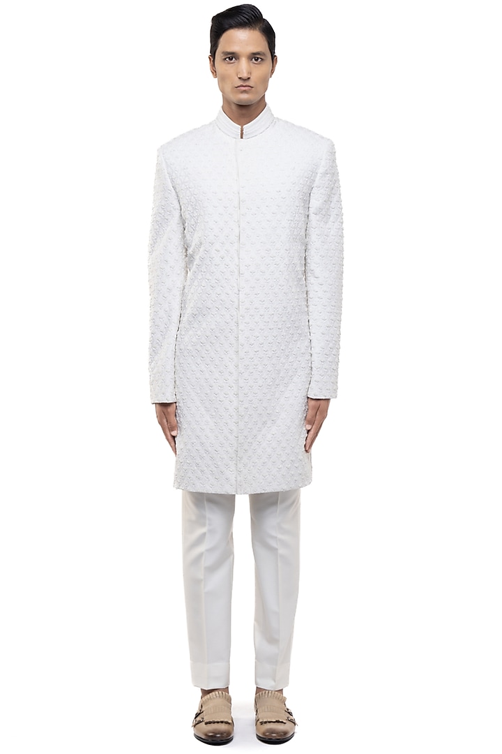 White Silk Embroidered Groom Sherwani Set by SDS by KUSHAL SHAH at Pernia's Pop Up Shop