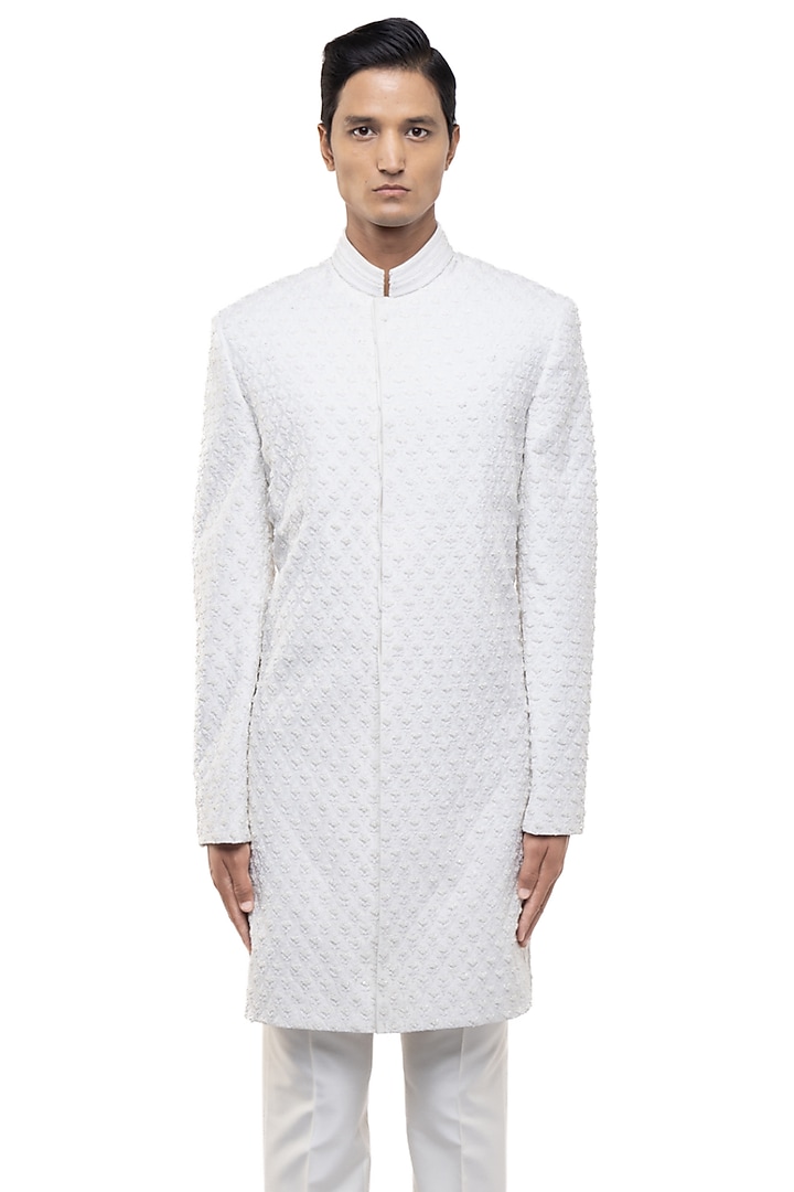 White Silk Embroidered Groom Sherwani Set by SDS by KUSHAL SHAH at Pernia's Pop Up Shop