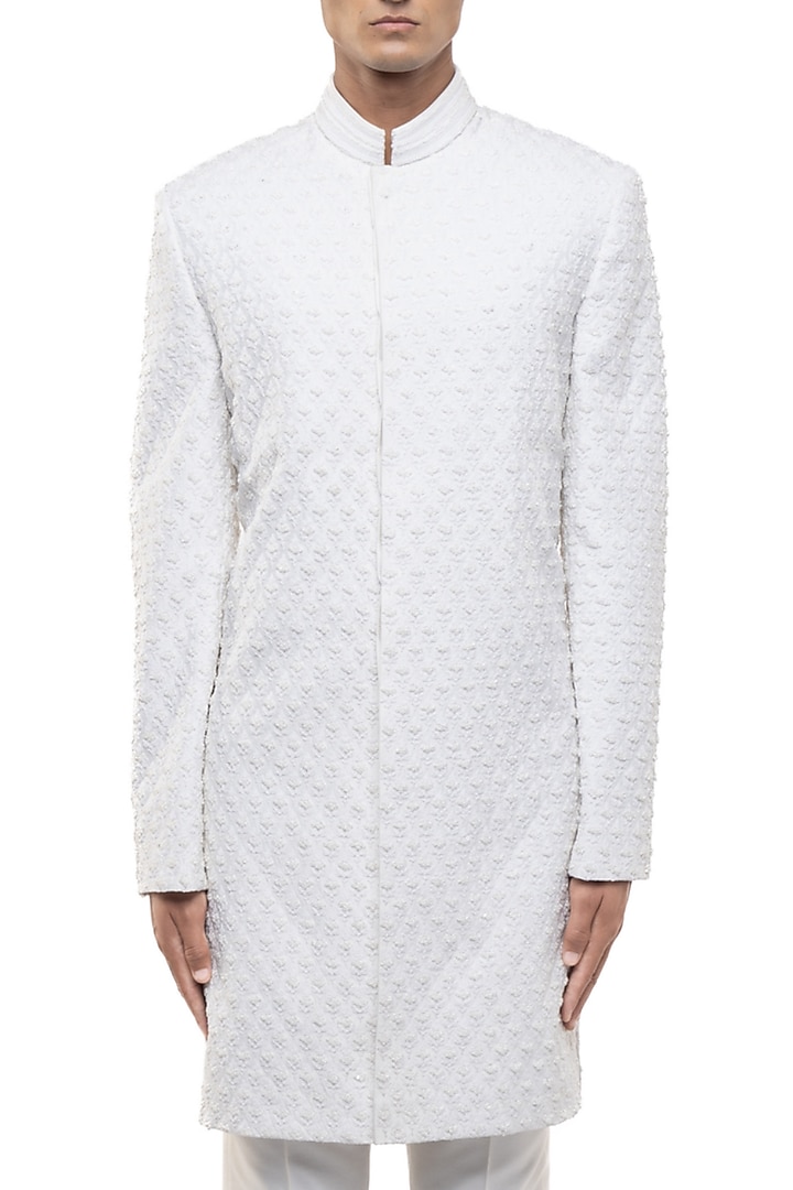 White Silk Embroidered Groom Sherwani Set by SDS by KUSHAL SHAH at Pernia's Pop Up Shop