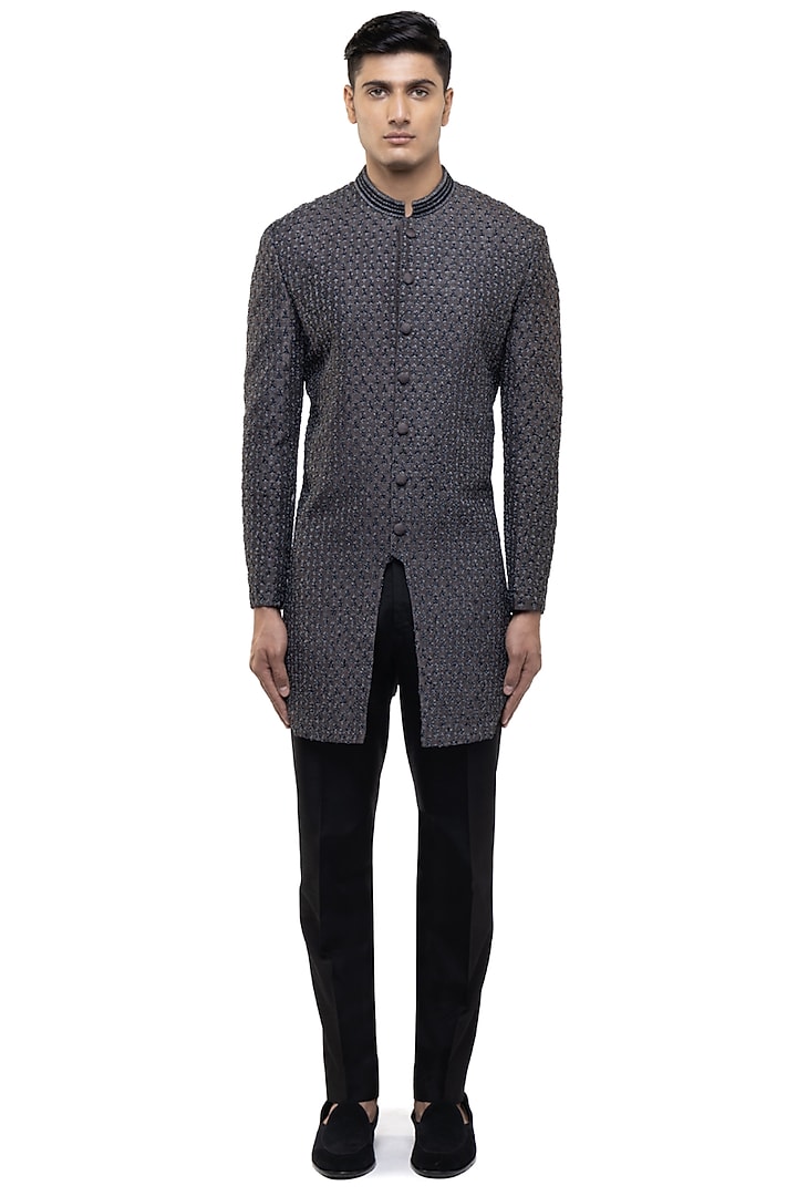 Grey Silk Embroidered Groom Sherwani Set by SDS by KUSHAL SHAH at Pernia's Pop Up Shop