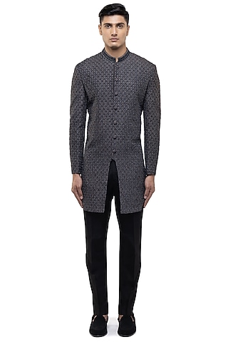 Grey Silk Embroidered Sherwani Set by SDS by KUSHAL SHAH