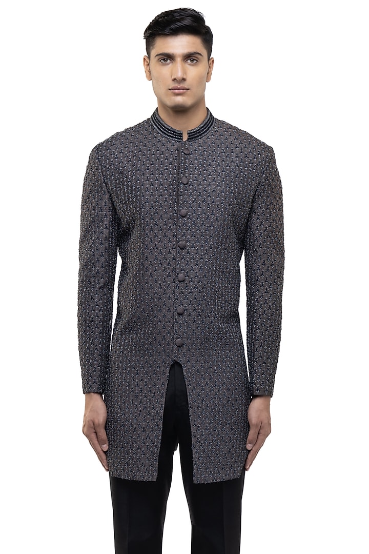 Grey Silk Embroidered Groom Sherwani Set by SDS by KUSHAL SHAH at Pernia's Pop Up Shop