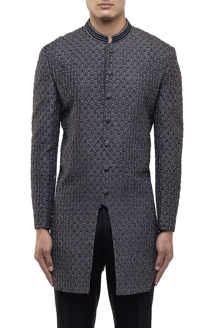 Grey Silk Embroidered Groom Sherwani Set by SDS by KUSHAL SHAH at Pernia's Pop Up Shop