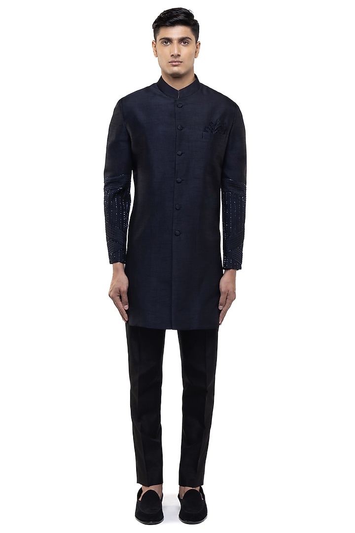 Navy Blue Silk Embroidered Groom Sherwani Set by SDS by KUSHAL SHAH at Pernia's Pop Up Shop