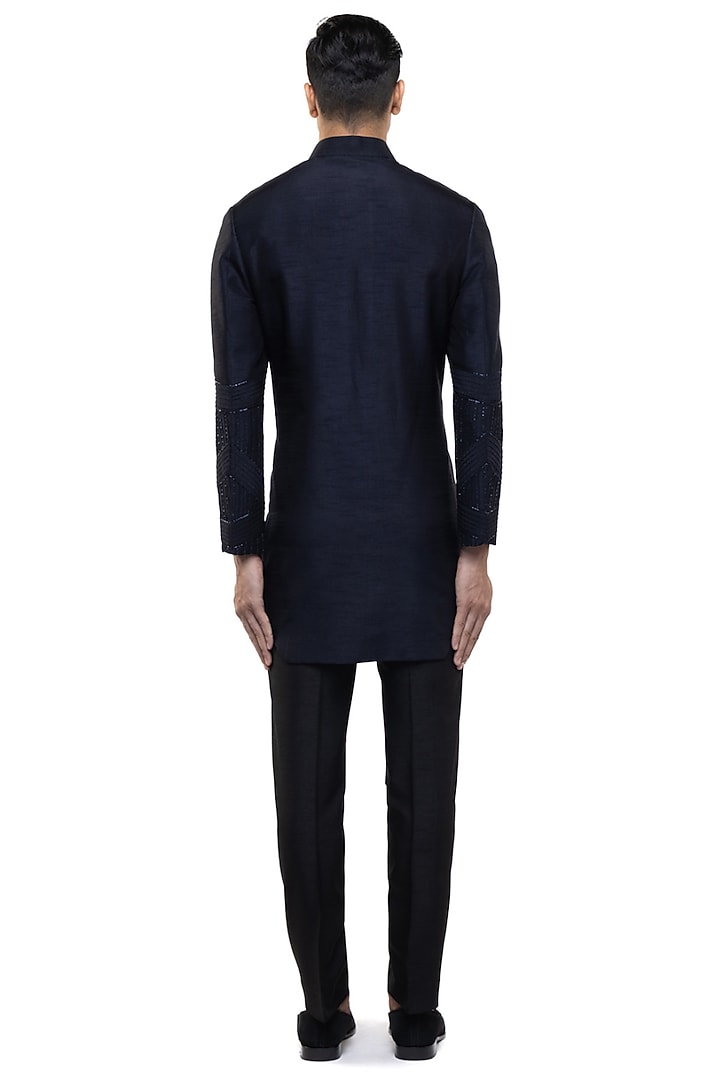 Navy Blue Silk Embroidered Groom Sherwani Set by SDS by KUSHAL SHAH at Pernia's Pop Up Shop