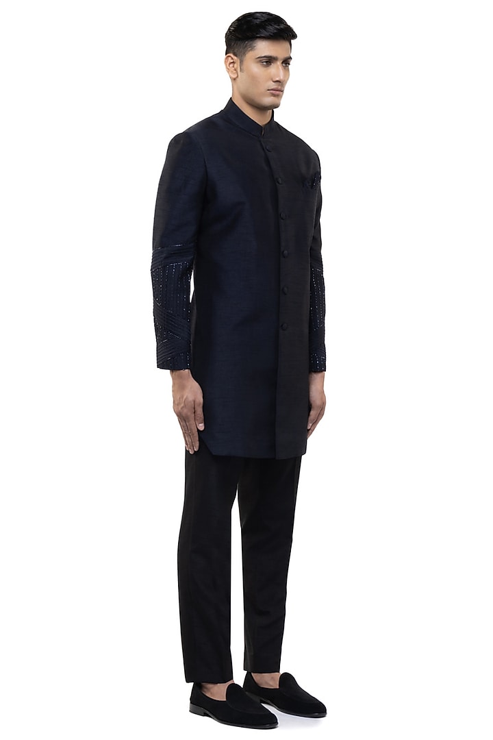 Navy Blue Silk Embroidered Groom Sherwani Set by SDS by KUSHAL SHAH at Pernia's Pop Up Shop