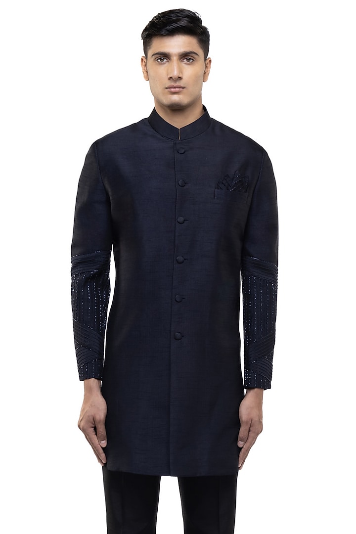Navy Blue Silk Embroidered Groom Sherwani Set by SDS by KUSHAL SHAH at Pernia's Pop Up Shop