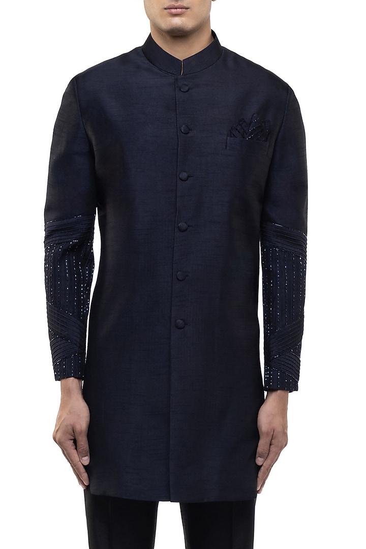 Navy Blue Silk Embroidered Groom Sherwani Set by SDS by KUSHAL SHAH at Pernia's Pop Up Shop