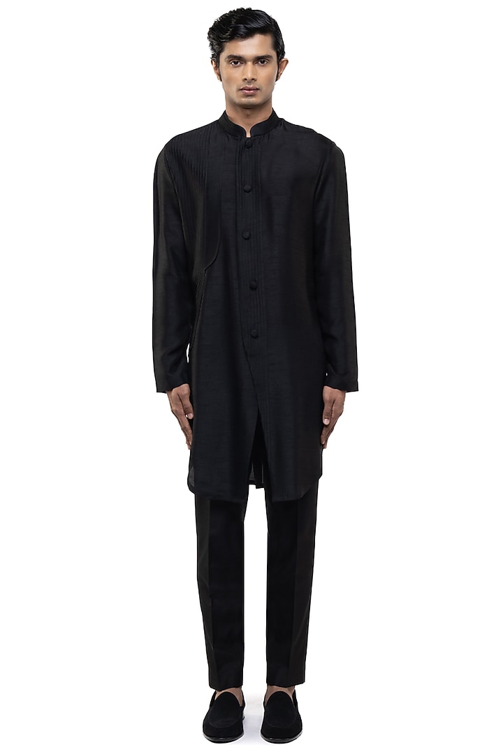 Black Silk Asymmetrical Kurta Set by SDS by KUSHAL SHAH at Pernia's Pop Up Shop