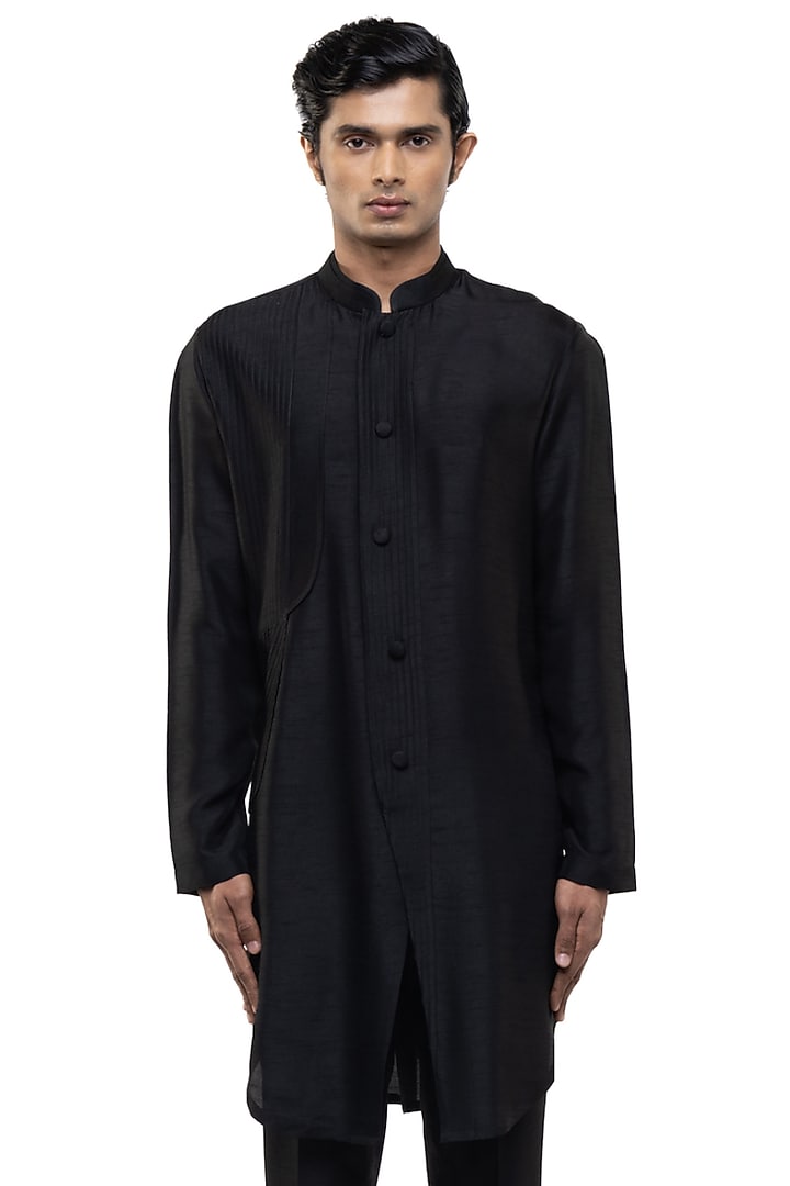 Black Silk Asymmetrical Kurta Set by SDS by KUSHAL SHAH at Pernia's Pop Up Shop