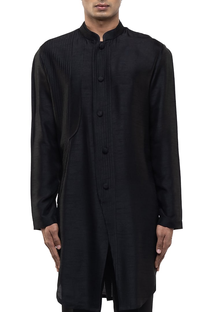 Black Silk Asymmetrical Kurta Set by SDS by KUSHAL SHAH at Pernia's Pop Up Shop
