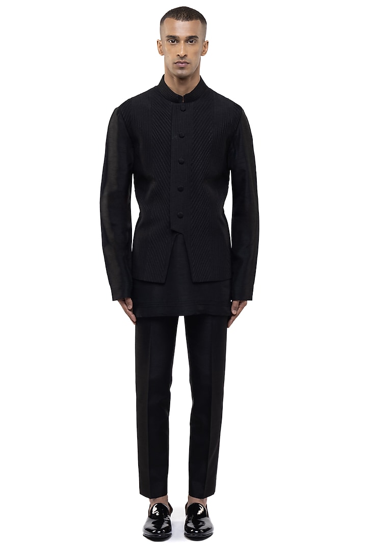 Black Silk Bundi Jacket Set by SDS by KUSHAL SHAH at Pernia's Pop Up Shop