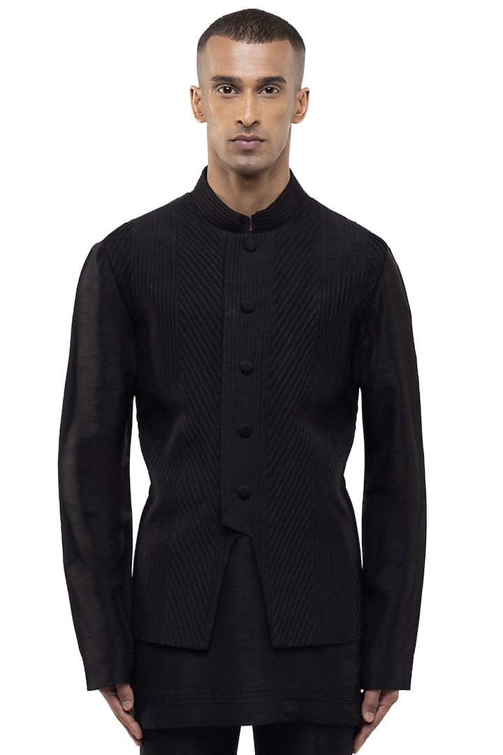 Black Silk Bundi Jacket Set by SDS by KUSHAL SHAH at Pernia's Pop Up Shop