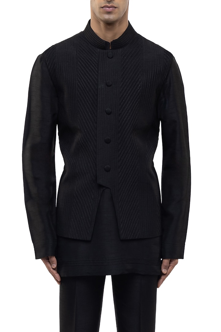 Black Silk Bundi Jacket Set by SDS by KUSHAL SHAH at Pernia's Pop Up Shop