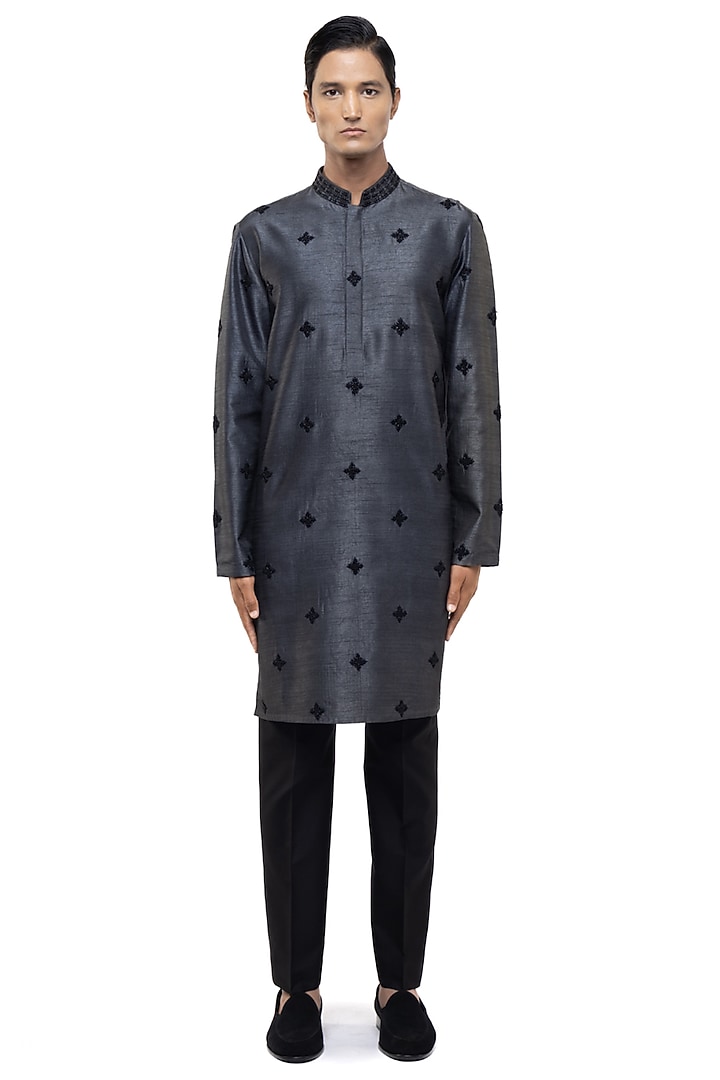 Grey Silk Embroidered Kurta Set by SDS by KUSHAL SHAH at Pernia's Pop Up Shop