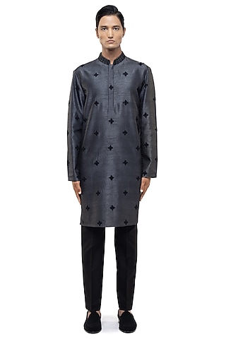 Grey Silk Embroidered Kurta Set by SDS by KUSHAL SHAH