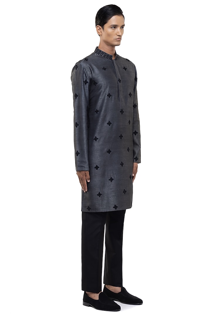 Grey Silk Embroidered Kurta Set by SDS by KUSHAL SHAH at Pernia's Pop Up Shop