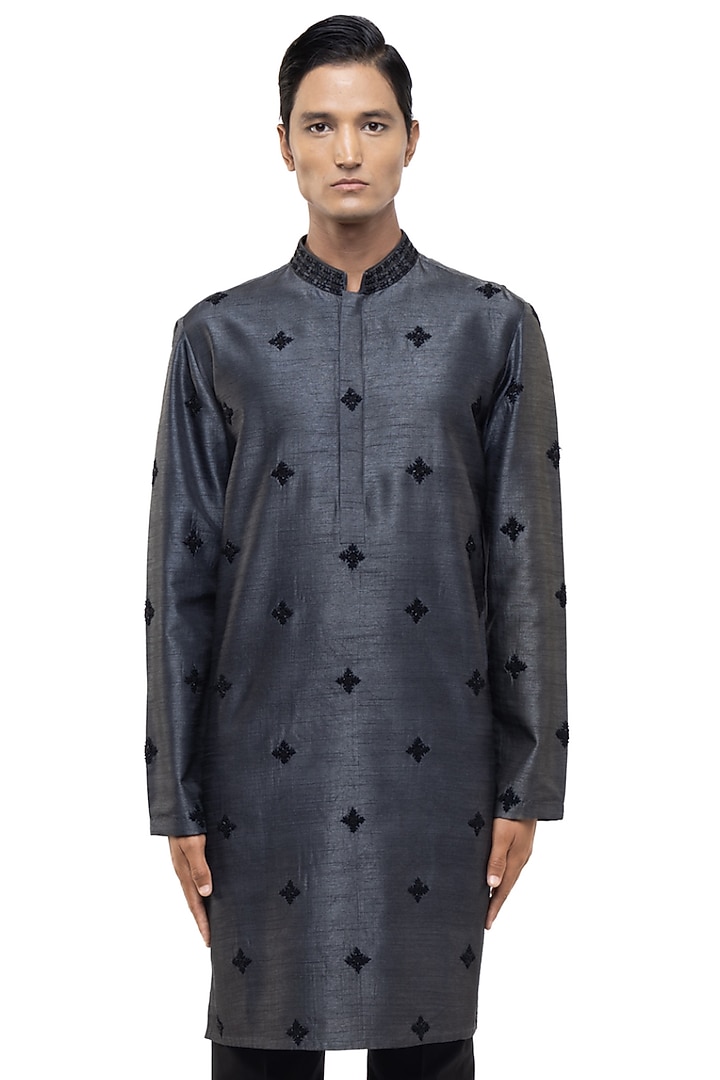 Grey Silk Embroidered Kurta Set by SDS by KUSHAL SHAH at Pernia's Pop Up Shop