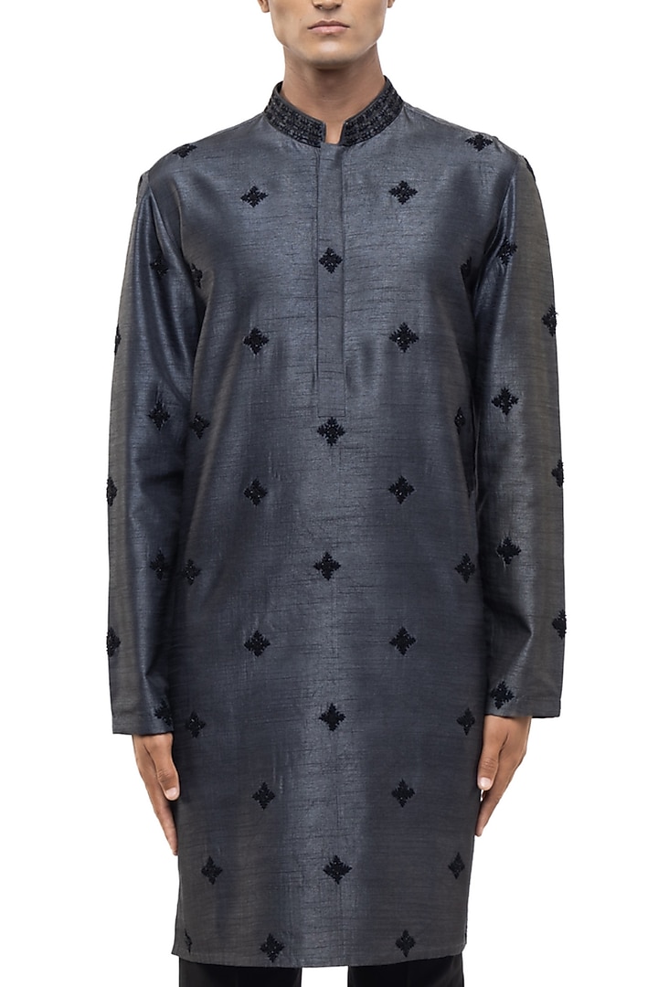 Grey Silk Embroidered Kurta Set by SDS by KUSHAL SHAH at Pernia's Pop Up Shop